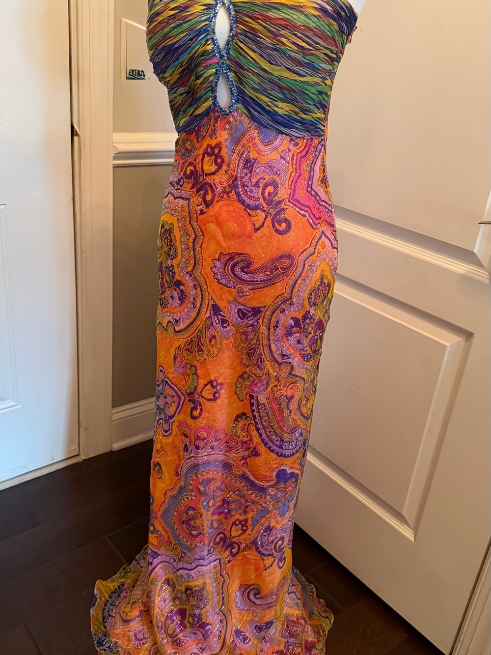 Mary L Couture Multicolor Paisley Maxi Dress - Orange, Purple, Green